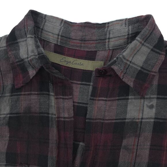 ENZA COSTA Hi Lo Top Plaid Button Down Plaid Minimal Grunge Hipster Boho Indie - Picture 2 of 11